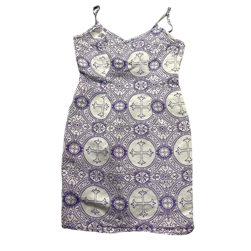 Cherry Bomb Mini Dress Medium Purple Silver Cross Brocade Y2K Gothic Grunge